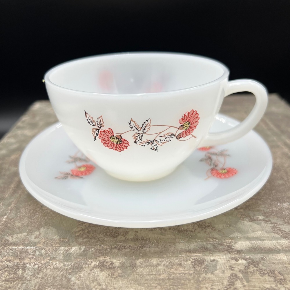 Fire-King Milk Glass Cup‎ and Saucer Fleurette Pattern Pink Floral Vintage Set